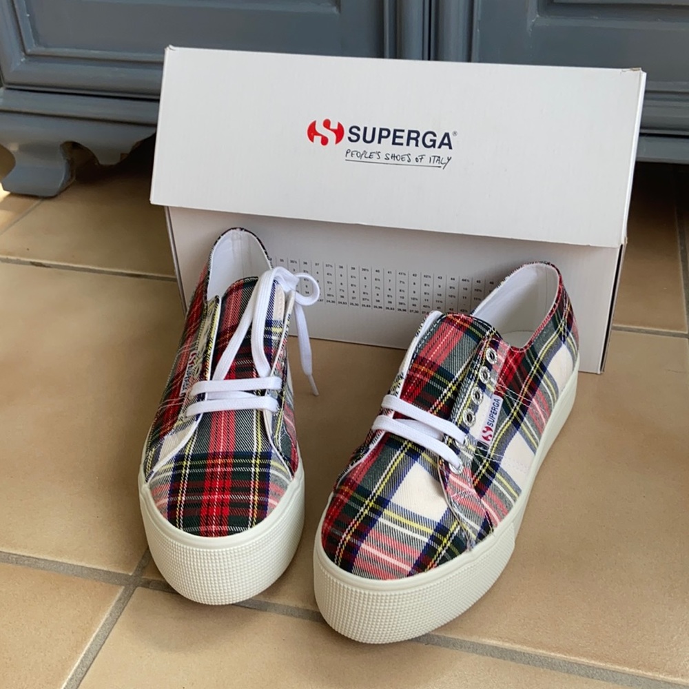 Superga red plaid tartan platform sneakers